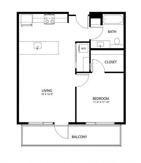 A black and white drawing of a house plan with a living room, bedroom, bathroom, closet, and balcony.